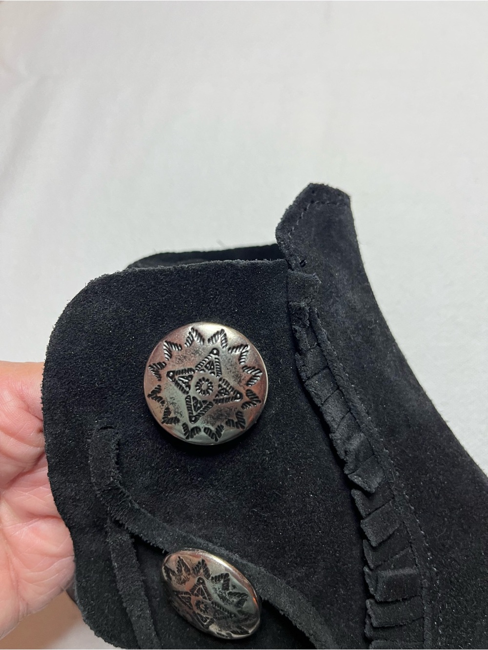 Minnetonka Black Suede Fringe Ankle Boots with Concho Buttons - Picture 5 of 5